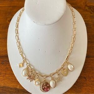 Gold Tone & Pearl, Multi Charm Necklace - 16" Costume piece
